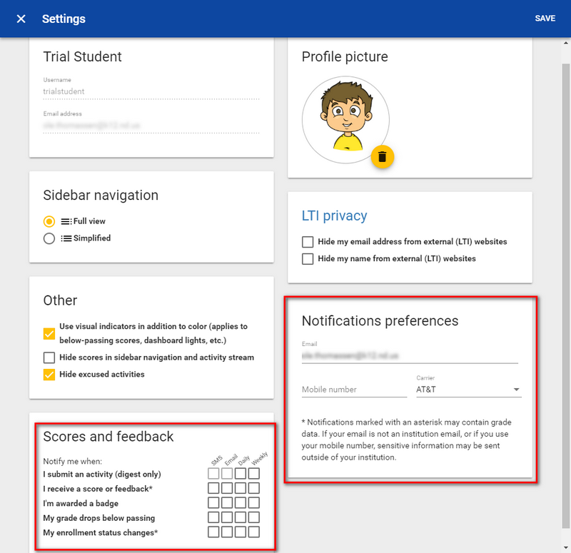 settings notification preferences and scores and feedback