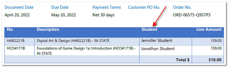 Student name is listed next to each course line item on the invoice.