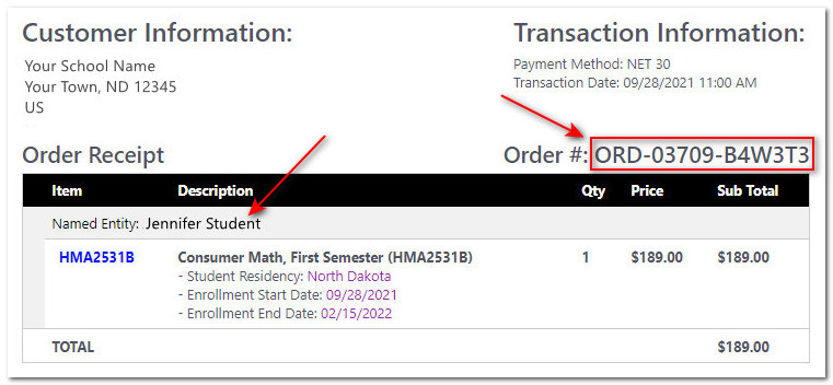 Example of Enrollment Details on the Order Confirmation Email
