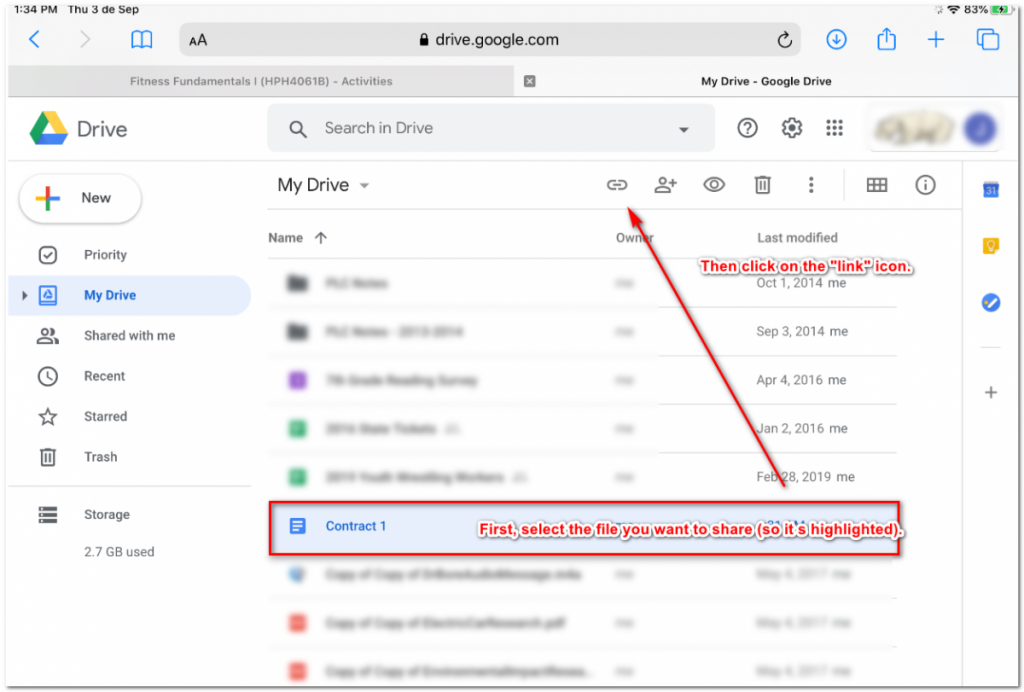 google drive file share select file you want to share and click link icon