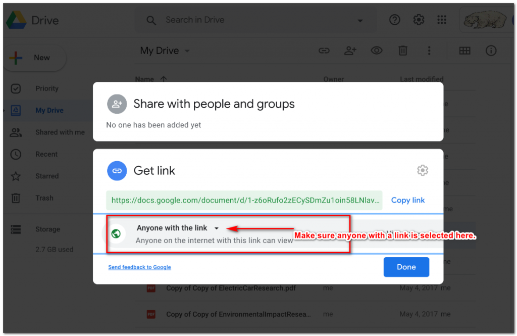 google drive share link anyone with link can view option