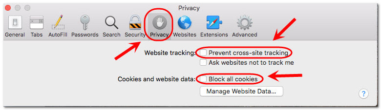 click on privacy, prevent cross-site tracking, and block all cookies