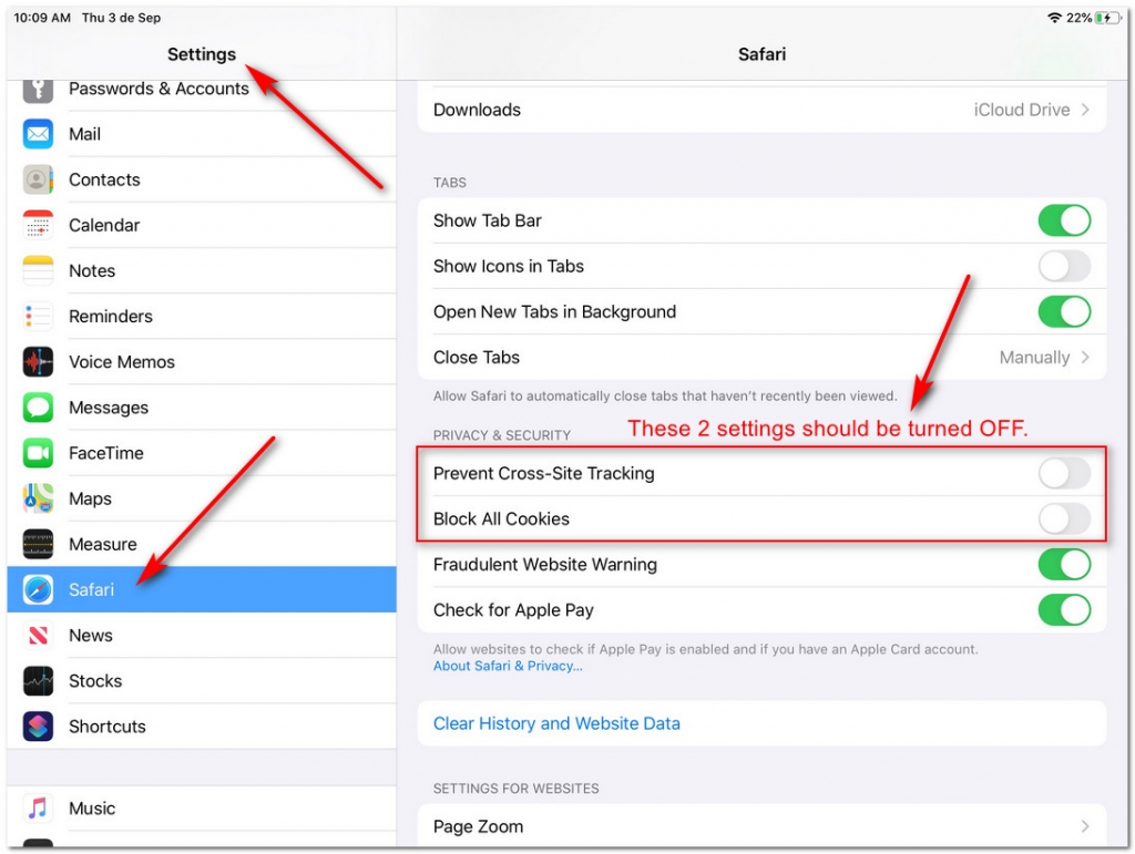 Ipad safari settings turn off block all cookies and prevent cross-site tracking