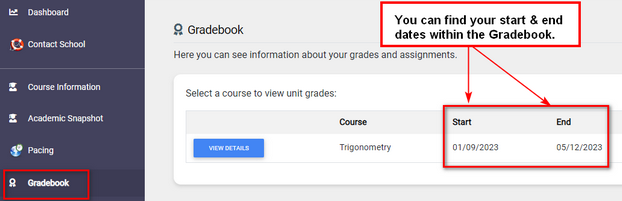 start and end dates within gradebook