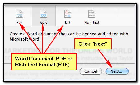 select word document, PDF or Rich text format, click next
