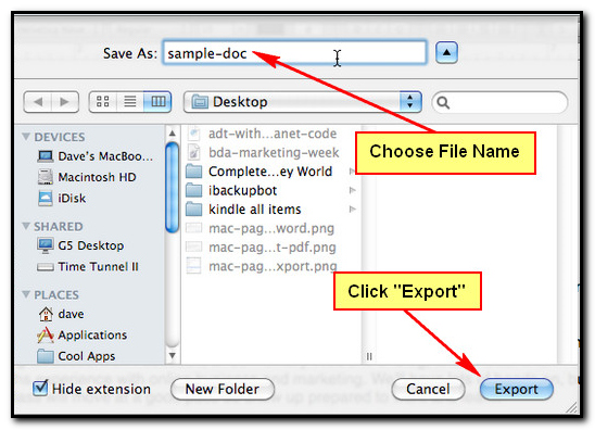 Choose file name, click export