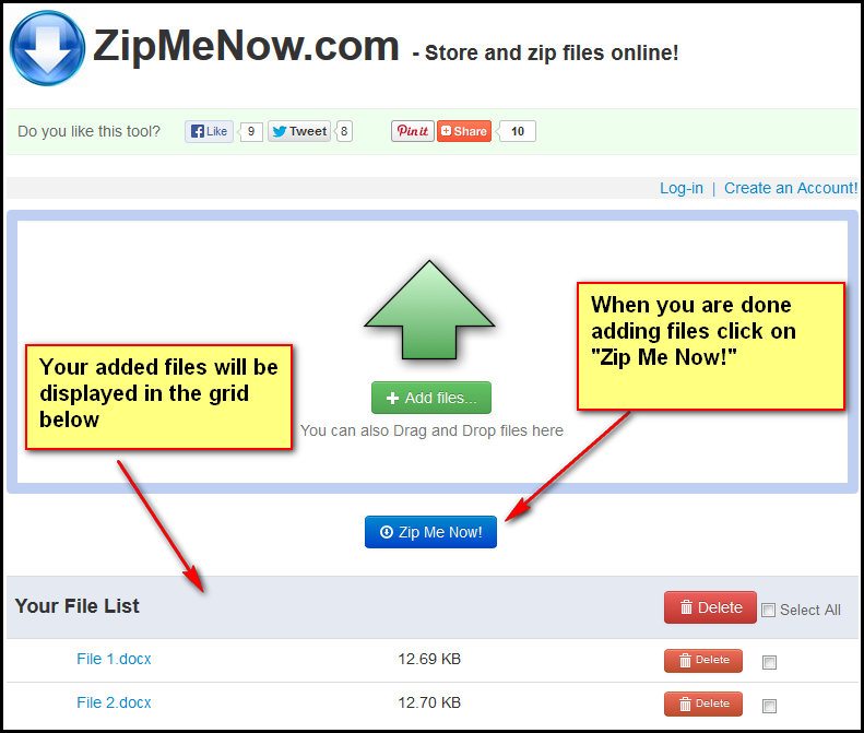 file list and zip me now button