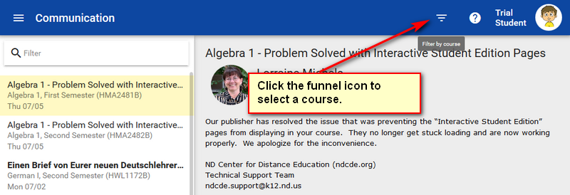 click the funnel icon to select a course
